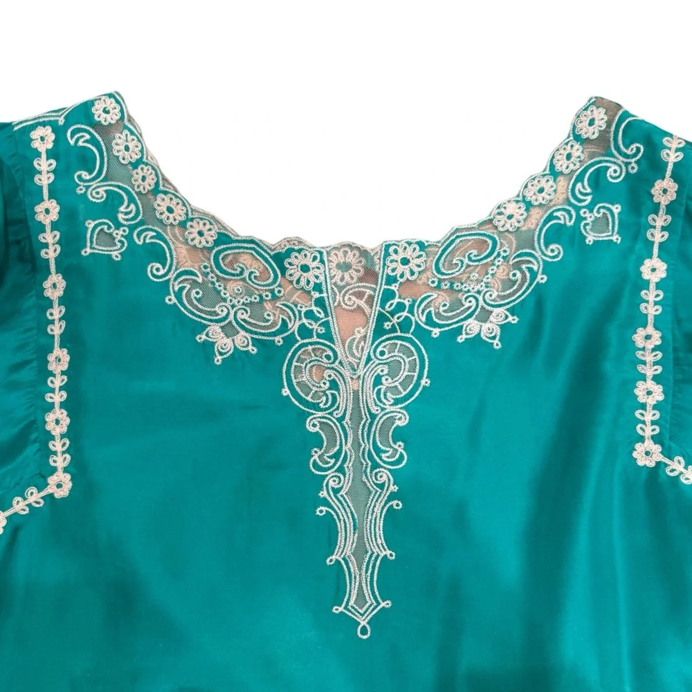 Sea Green 100% Silk Tunic Beige Embroidered Boho Resort Top Medium